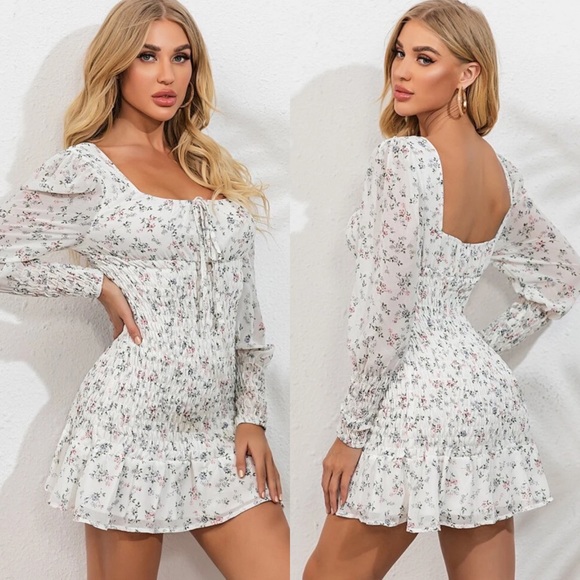 Floral boho ruched frill shirred white dress - Picture 3 of 3